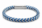 Bracelet with blue and silver braided design on a white background